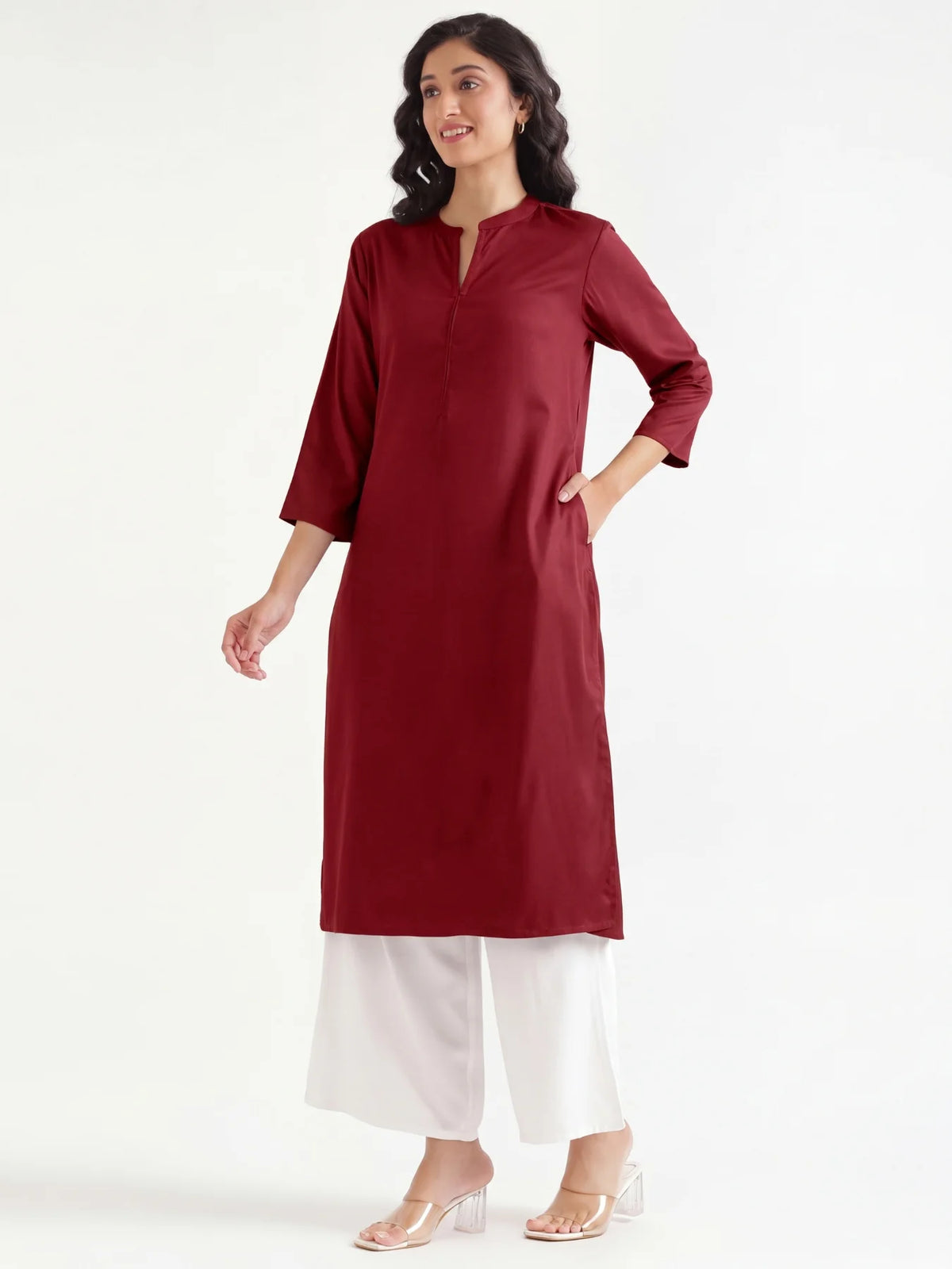 Women Maroon Flowy Straight Long Kurta