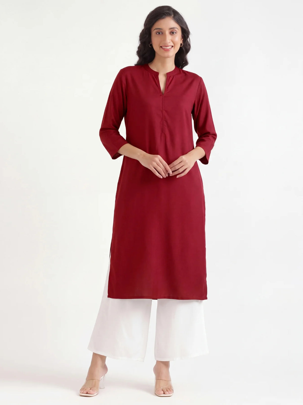 Women Maroon Flowy Straight Long Kurta