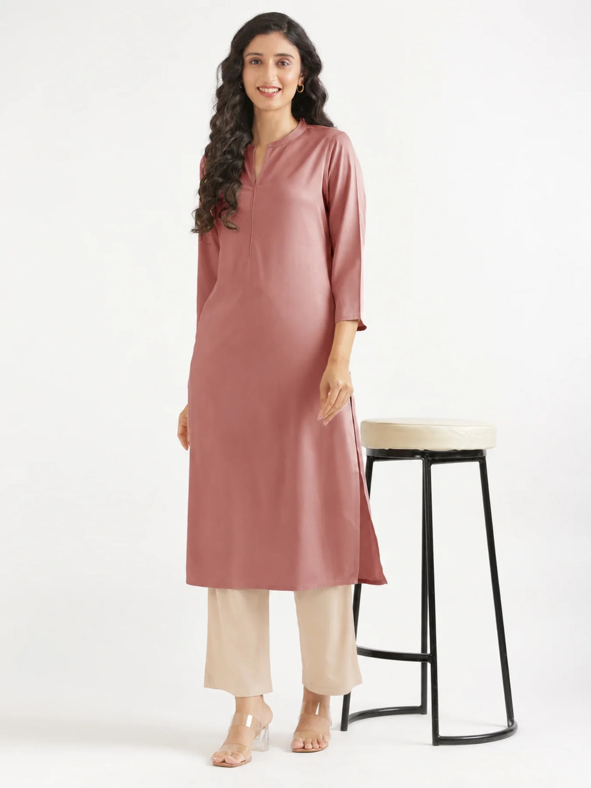 Women Rose Taupe Flowy Straight Long Kurta