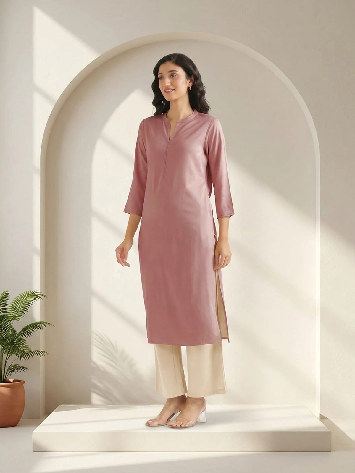 Women Rose Taupe Flowy Straight Long Kurta