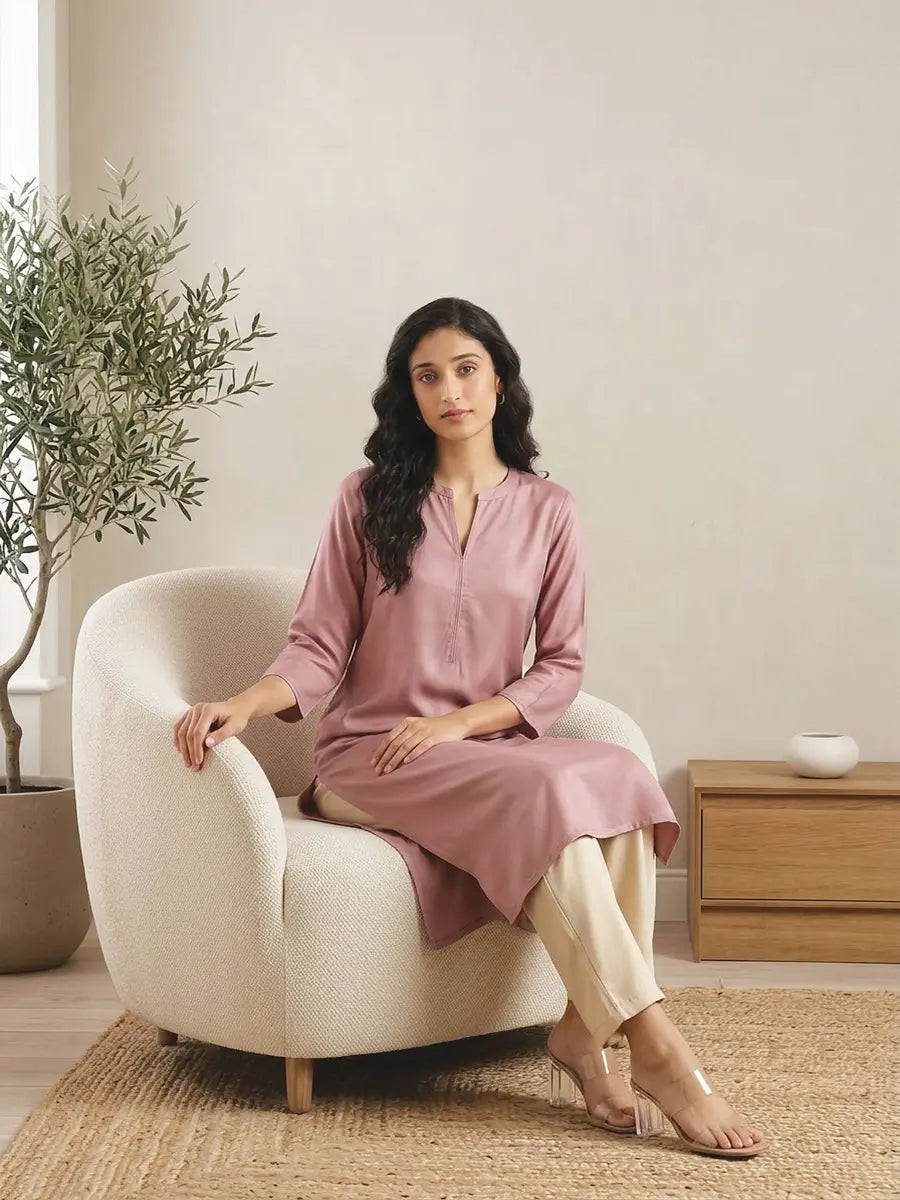 Women Rose Taupe Flowy Straight Long Kurta