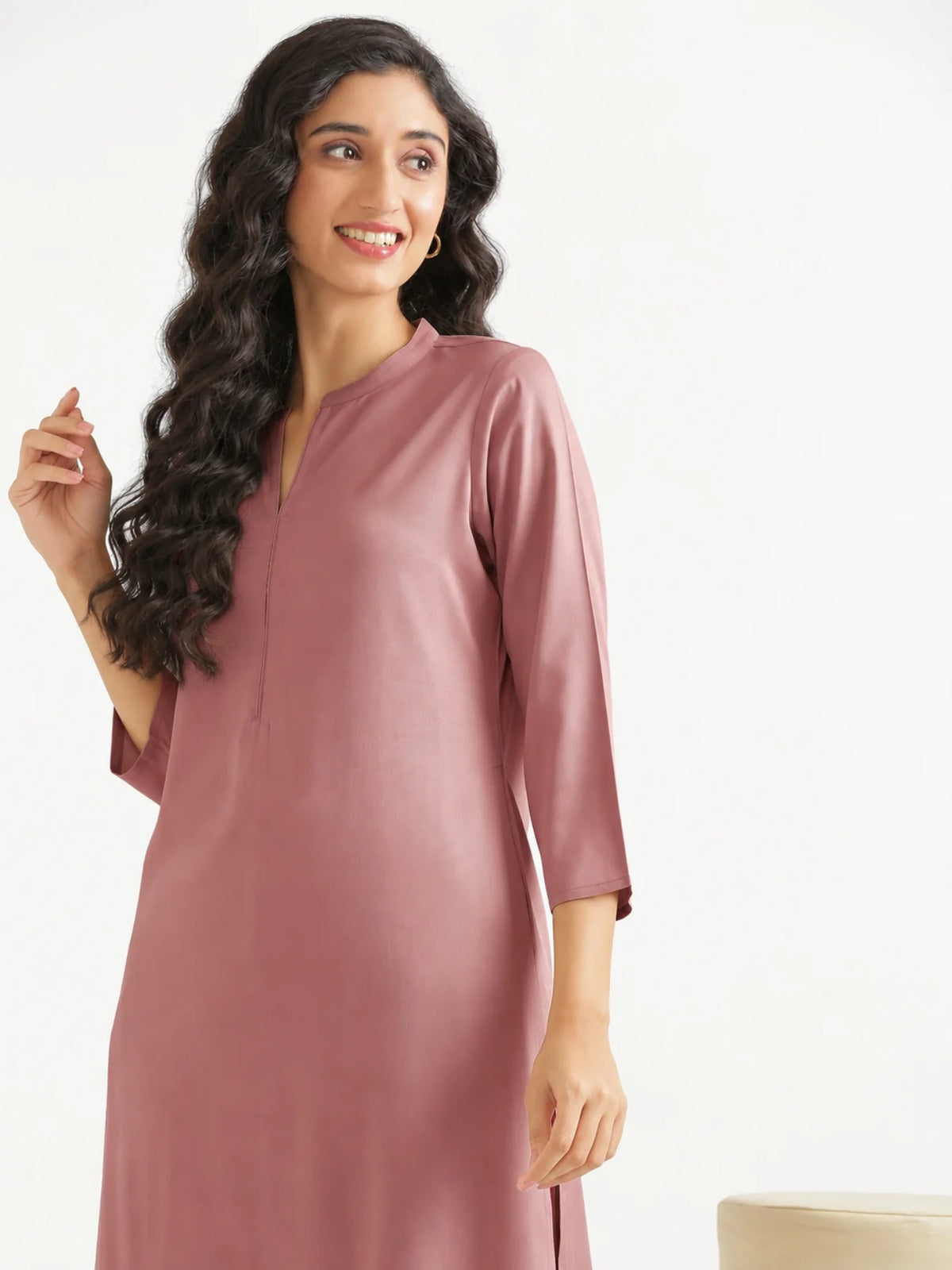 Women Rose Taupe Flowy Straight Long Kurta