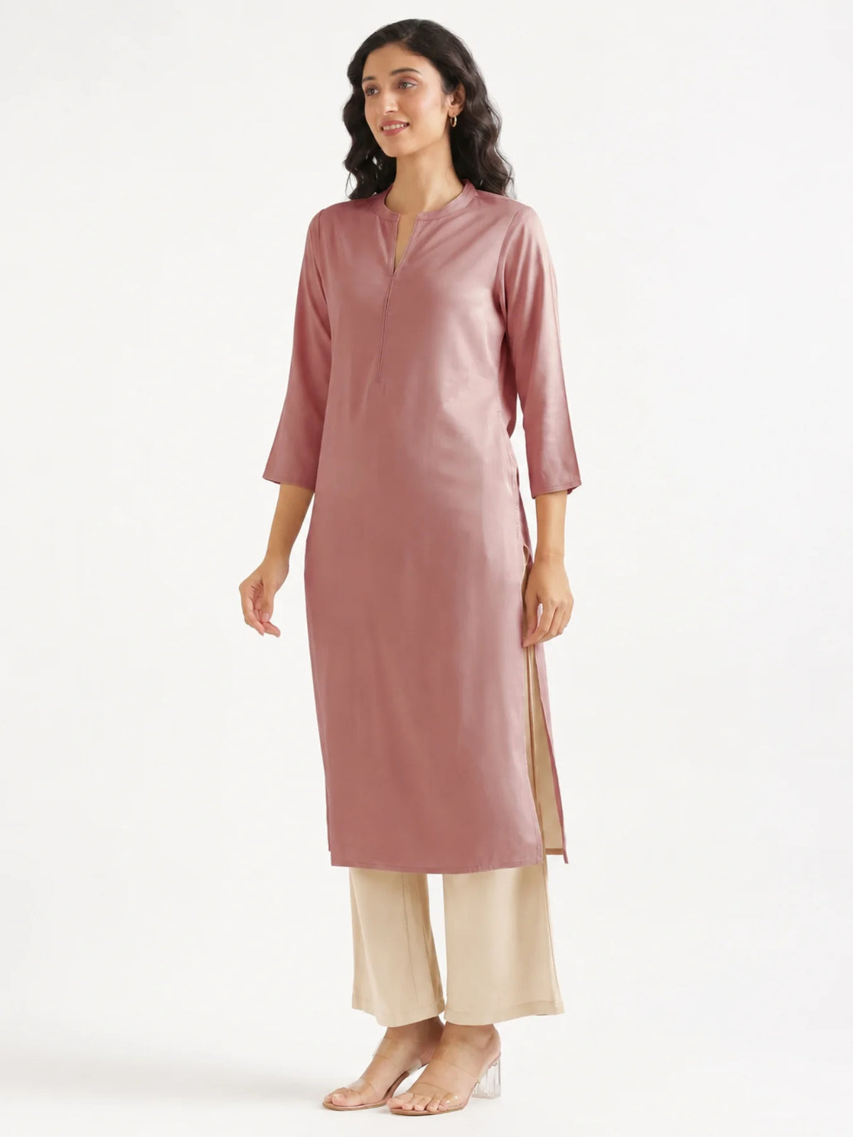 Women Rose Taupe Flowy Straight Long Kurta