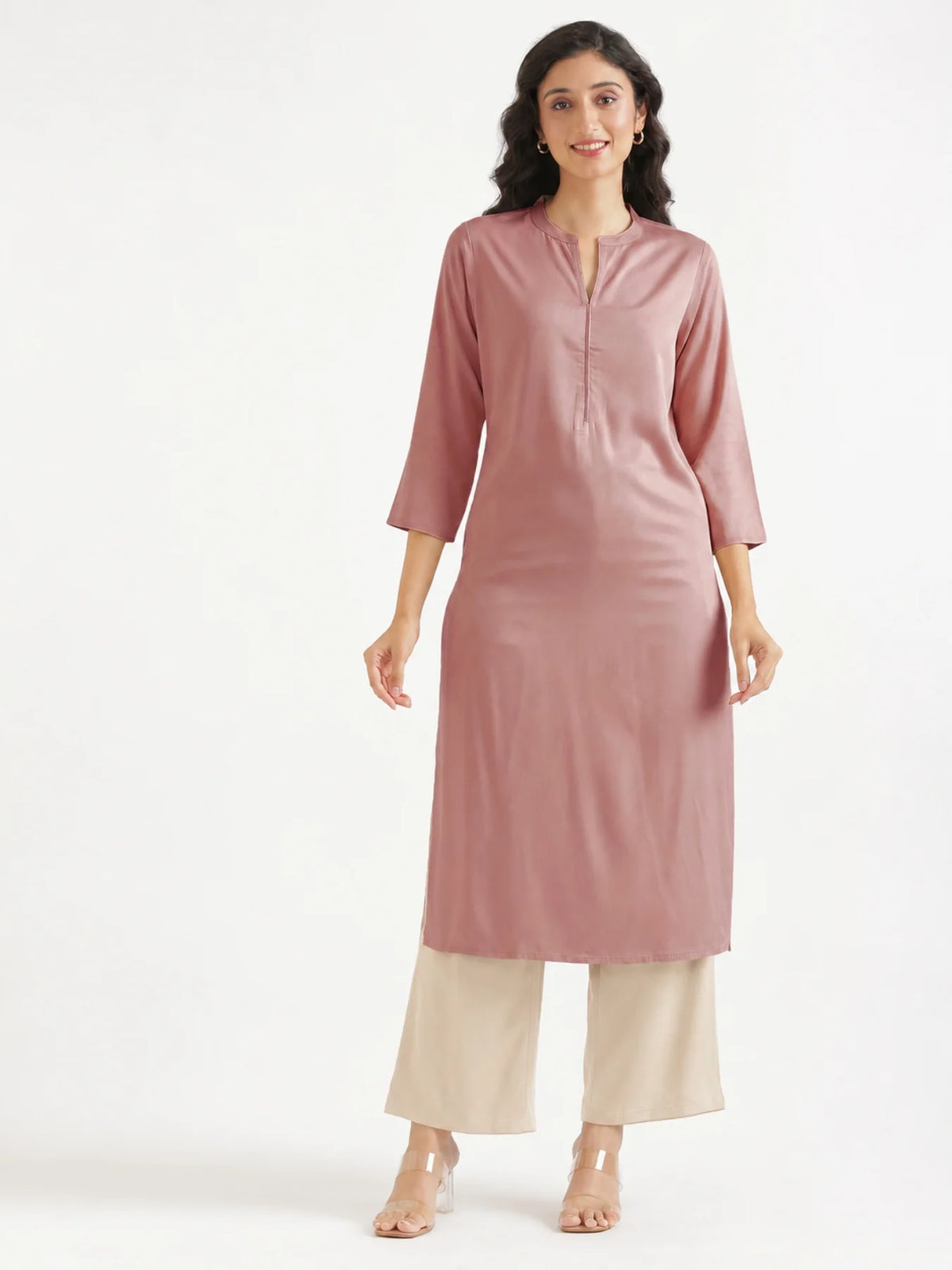 Women Rose Taupe Flowy Straight Long Kurta