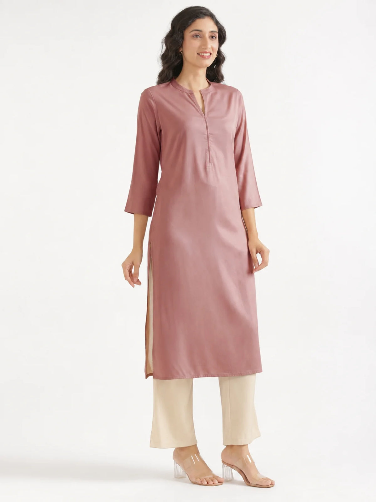 Women Rose Taupe Flowy Straight Long Kurta