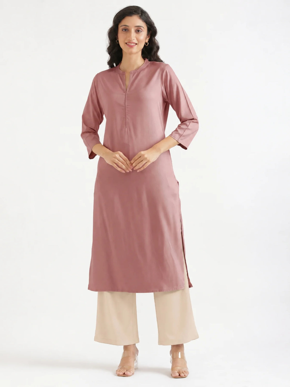 Women Rose Taupe Flowy Straight Long Kurta