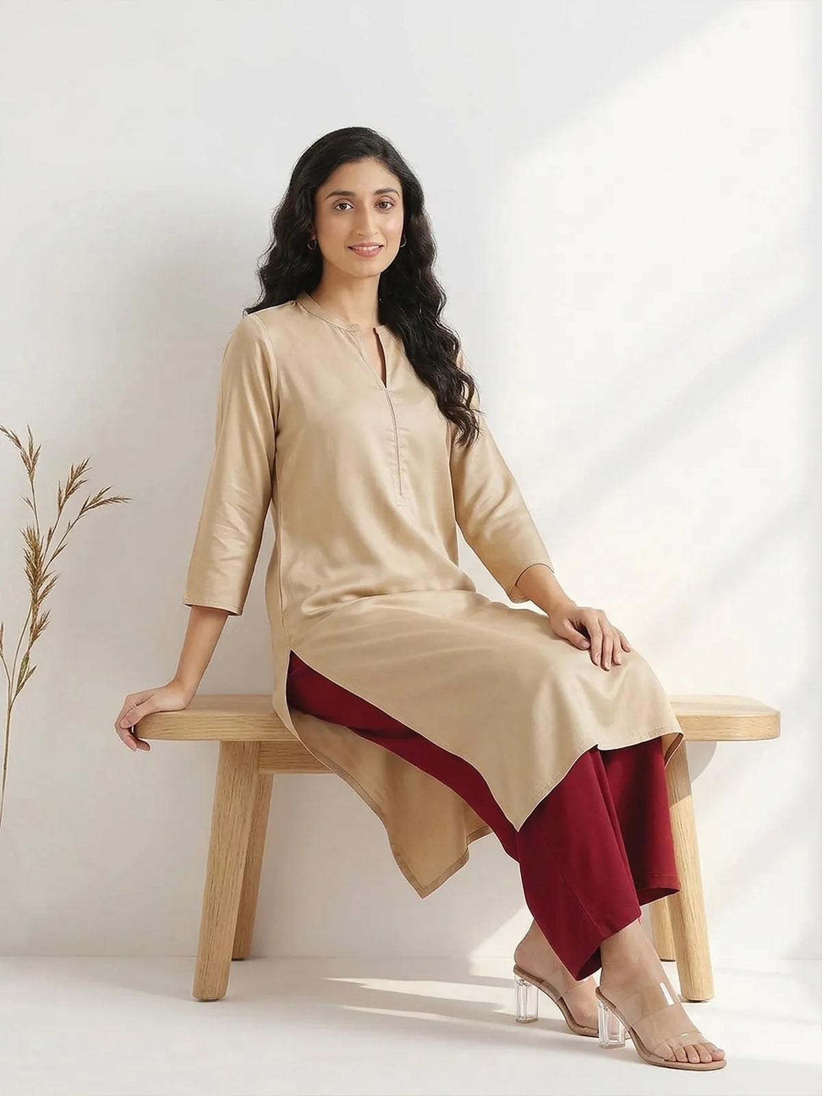 Women Taupe Flowy Straight Long Kurta
