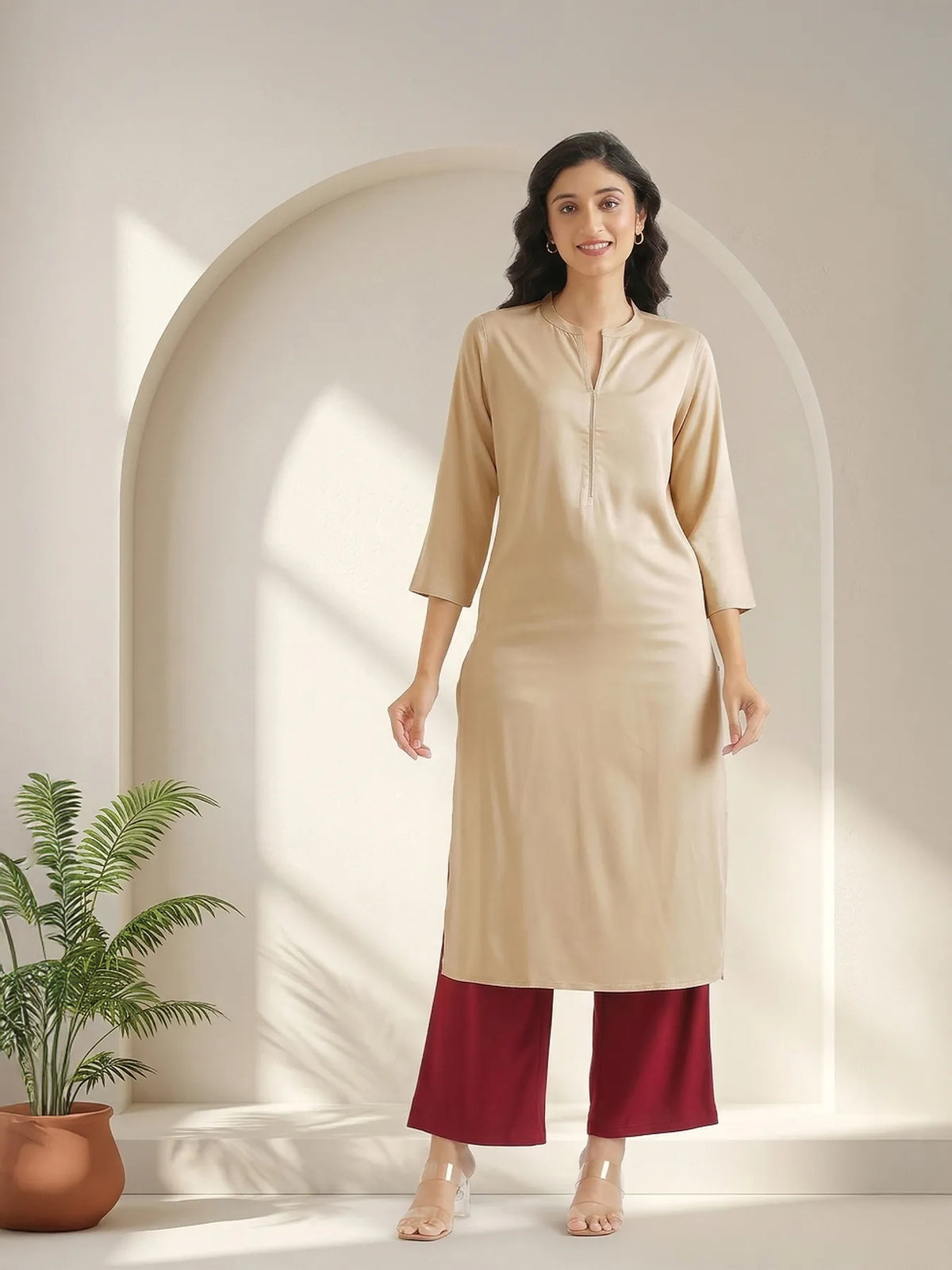 Women Taupe Flowy Straight Long Kurta