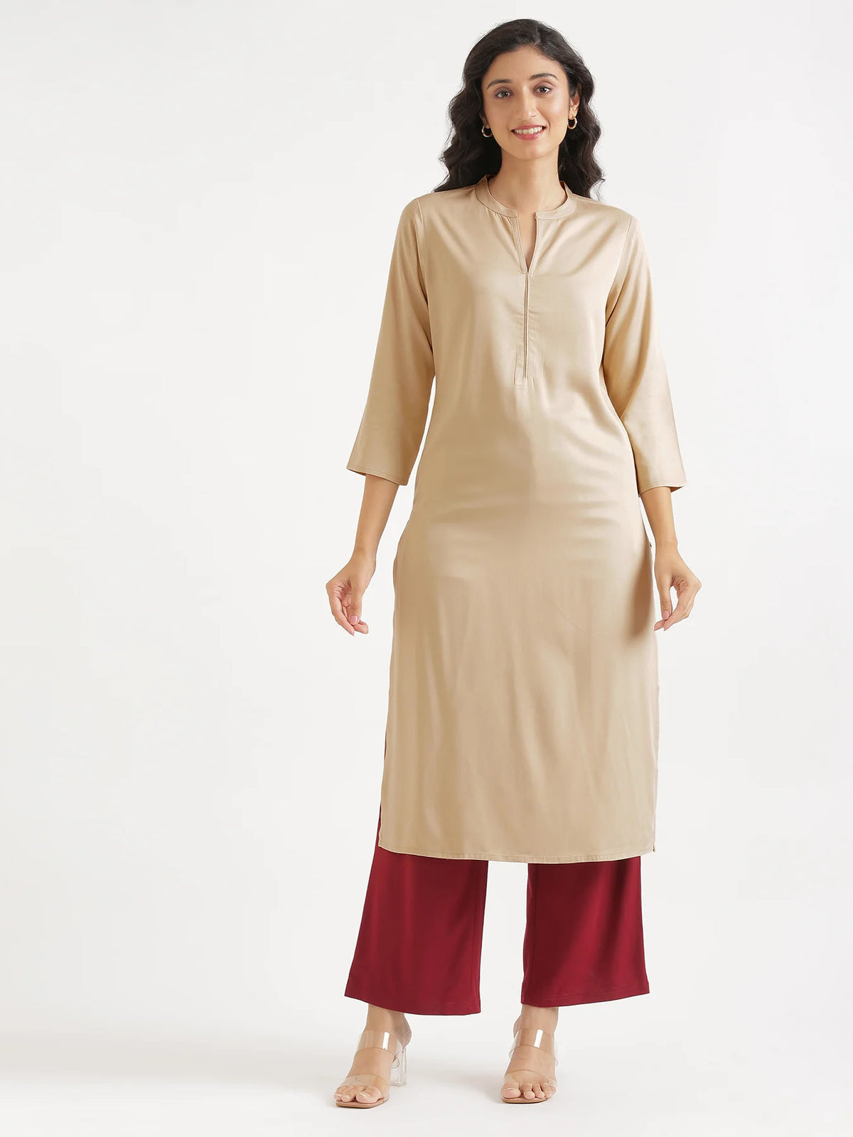 Women Taupe Flowy Straight Long Kurta