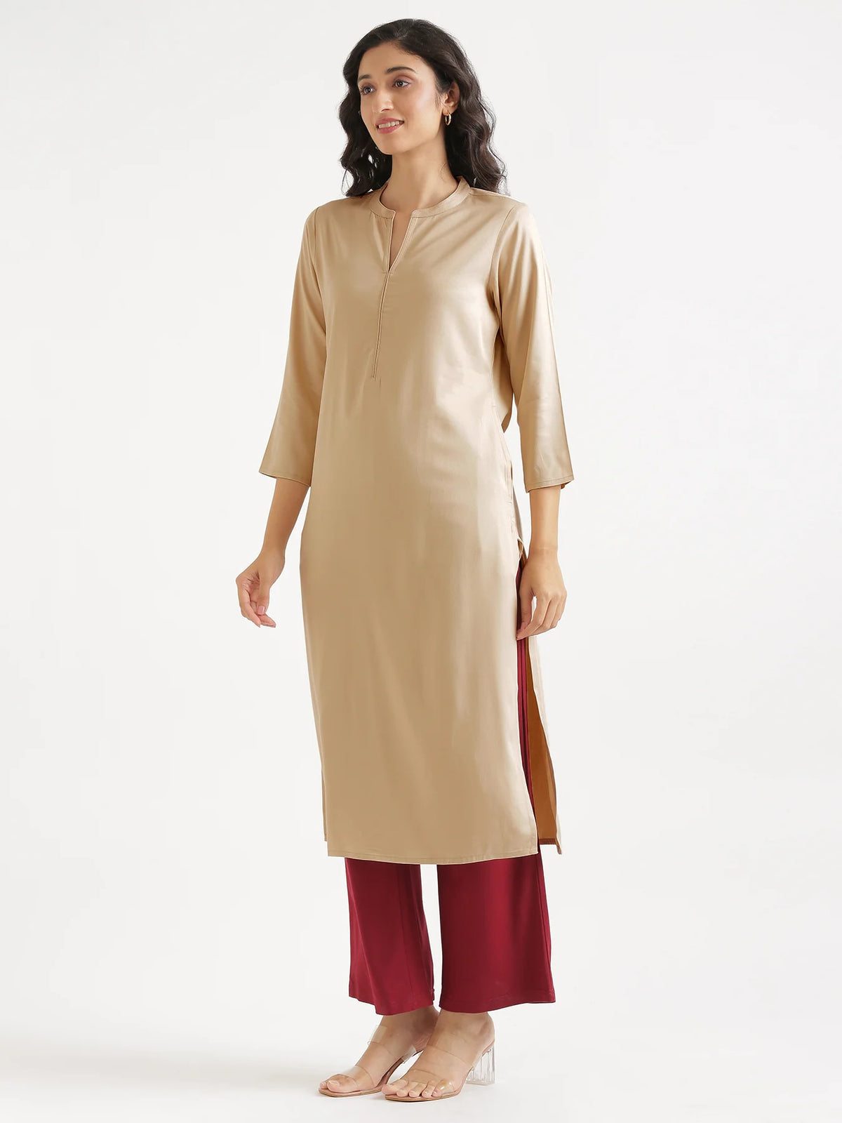 Women Taupe Flowy Straight Long Kurta