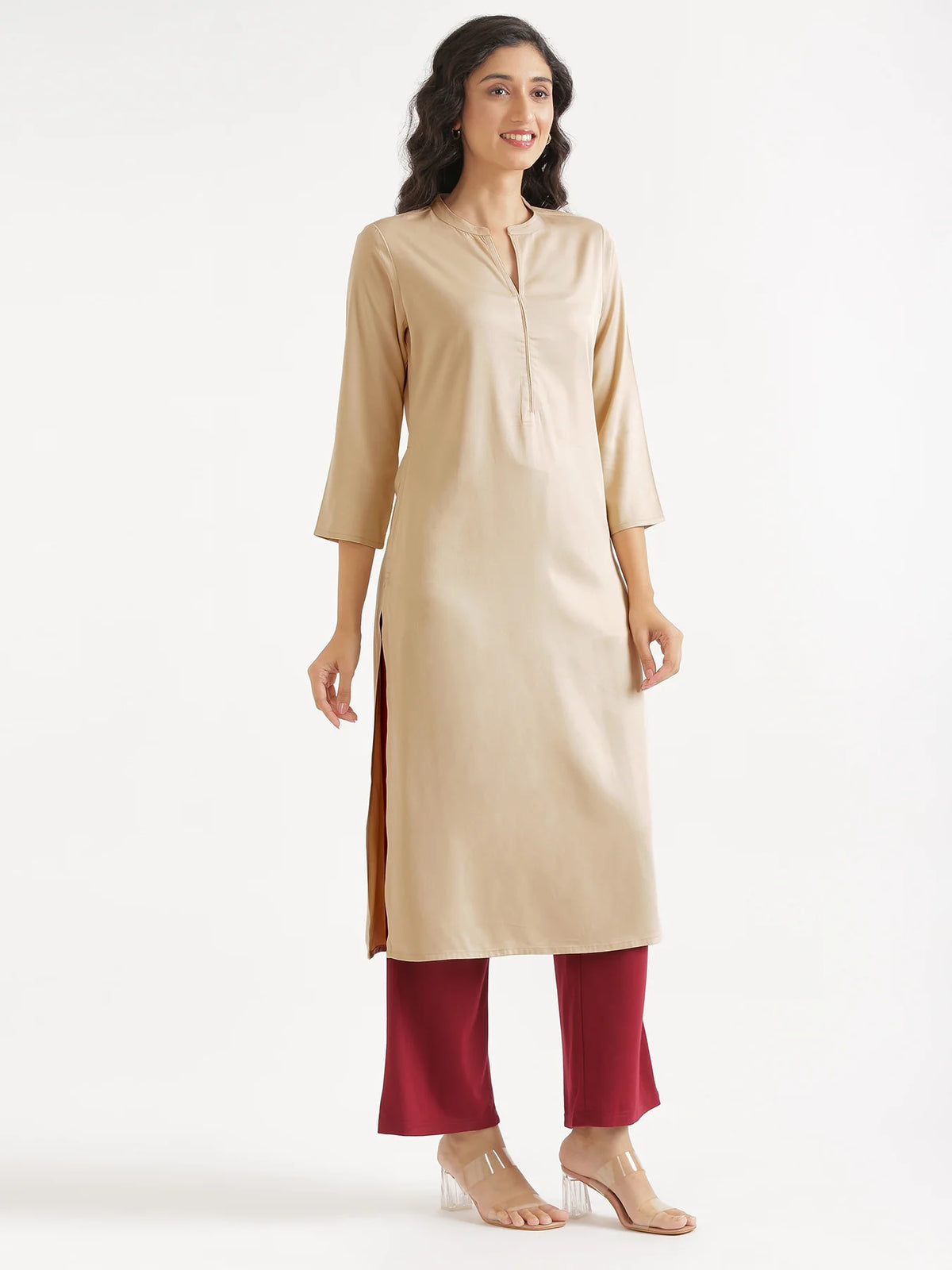 Women Taupe Flowy Straight Long Kurta
