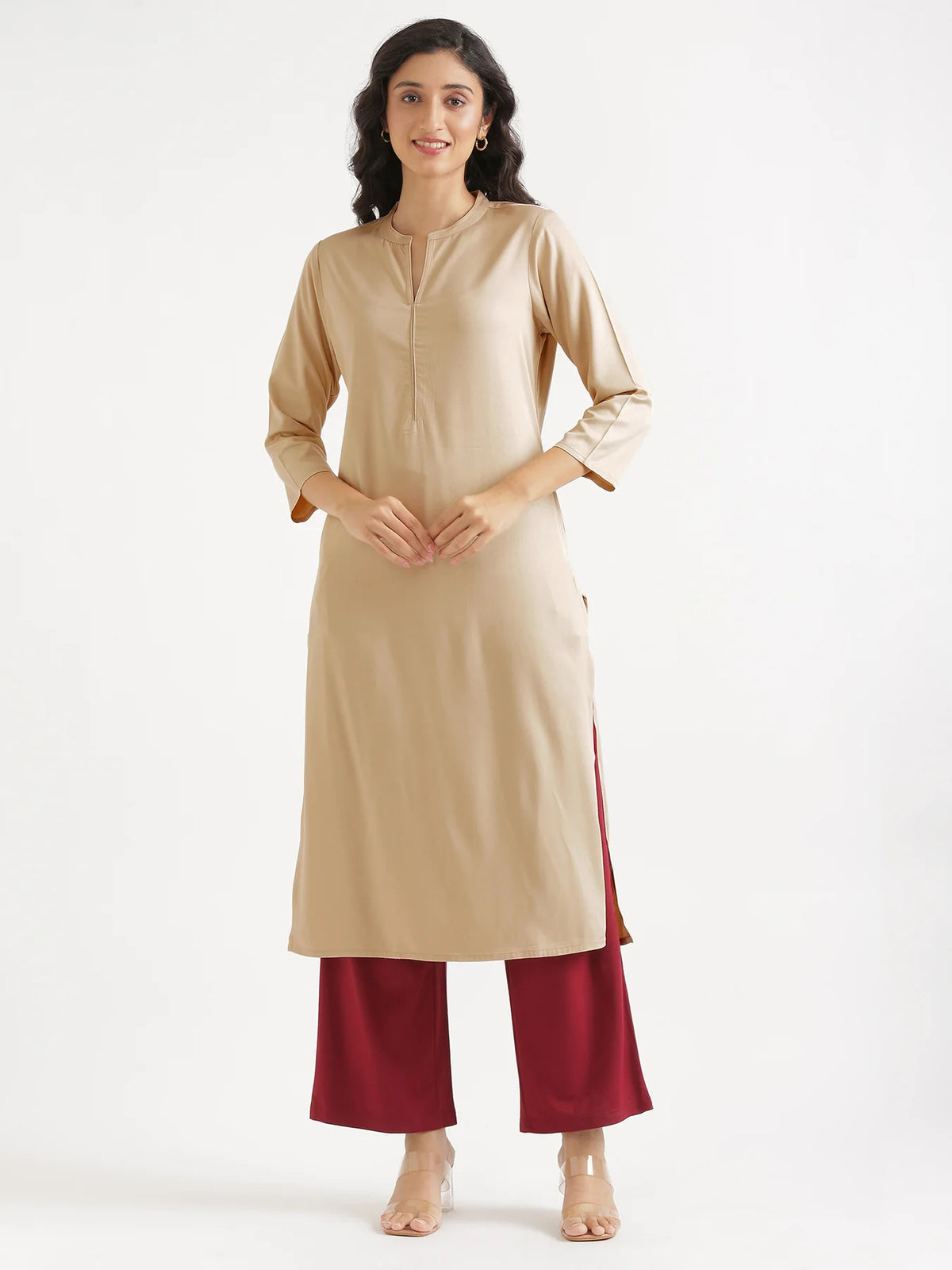 Women Taupe Flowy Straight Long Kurta