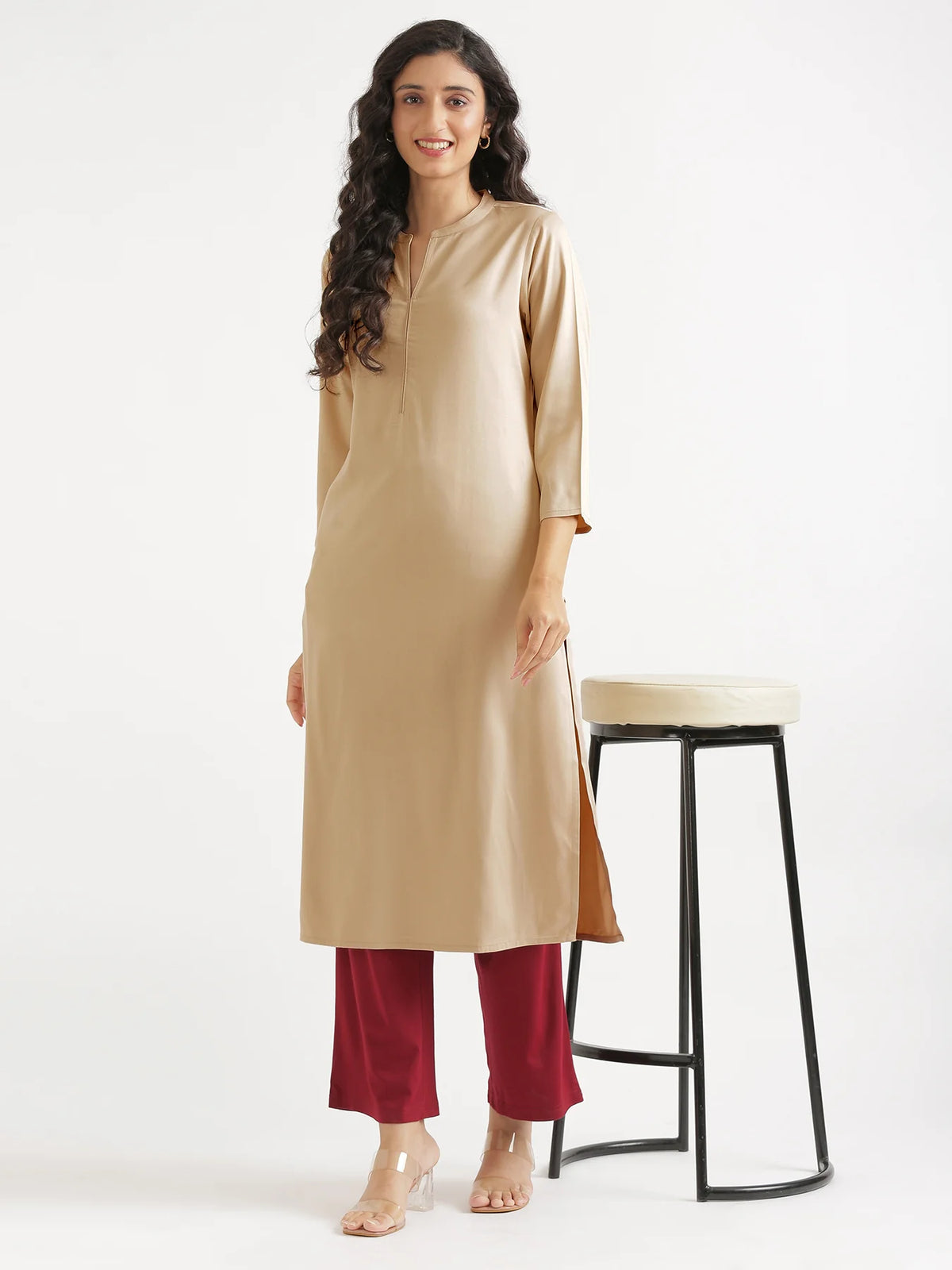 Women Taupe Flowy Straight Long Kurta