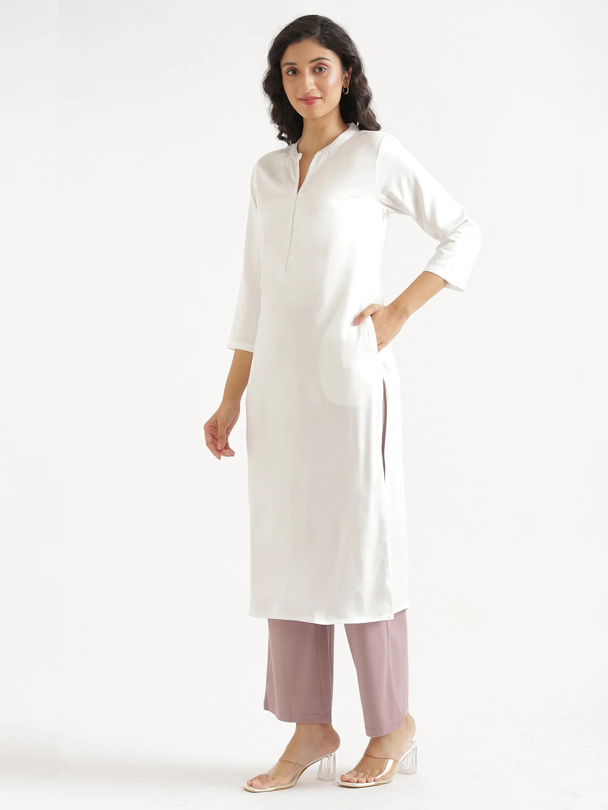 Women White Flowy Straight Long Kurta