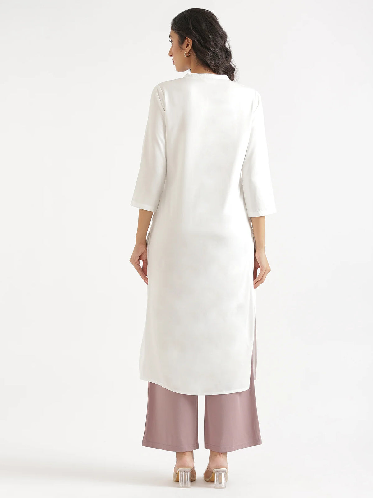 Women White Flowy Straight Long Kurta