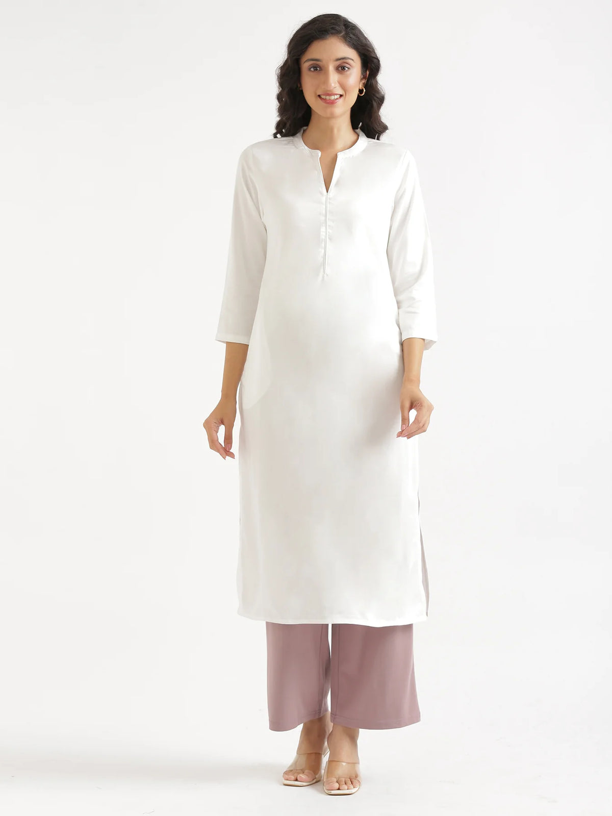 Women White Flowy Straight Long Kurta