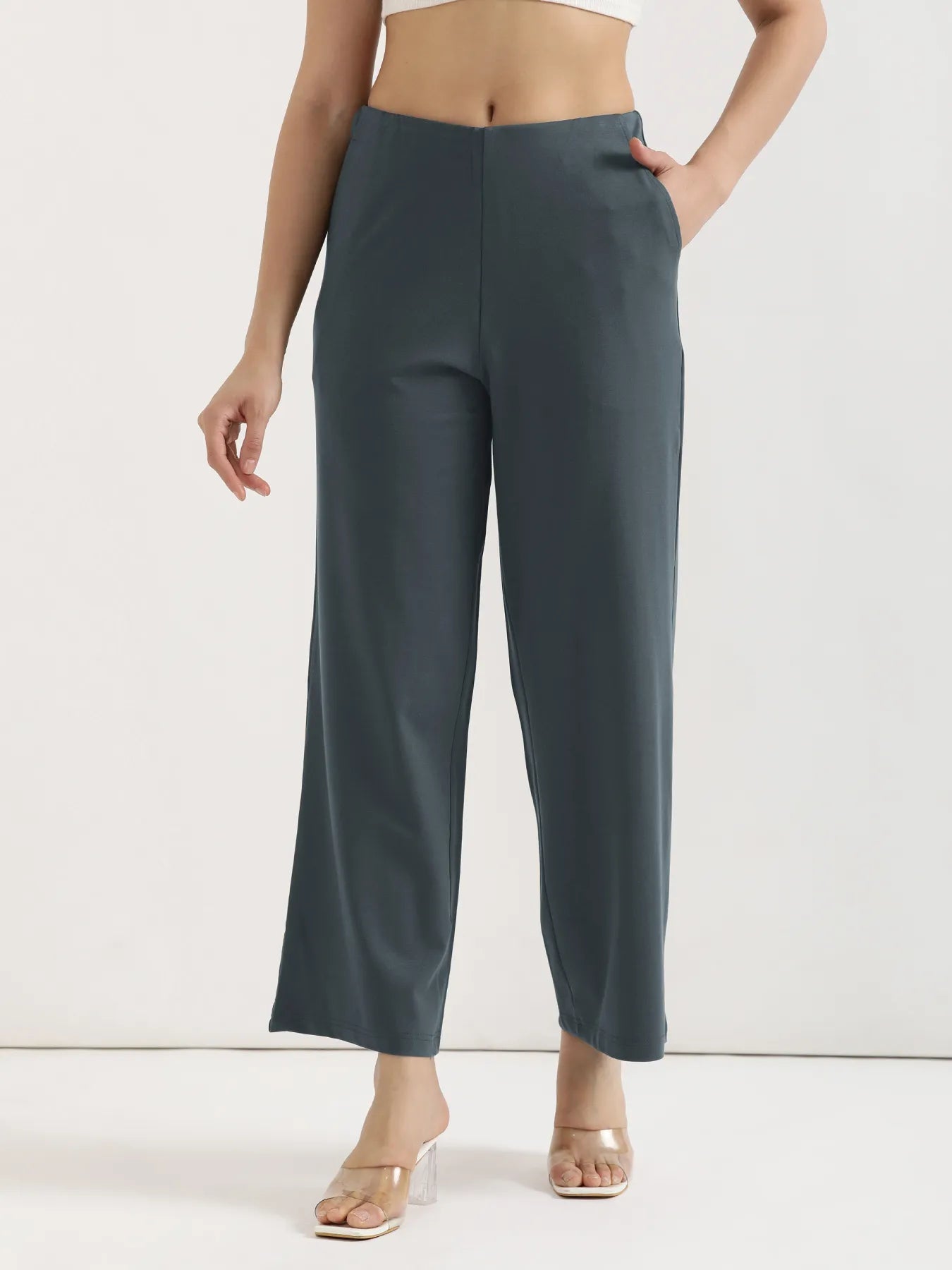 Women Cement Grey Wide Leg Pants