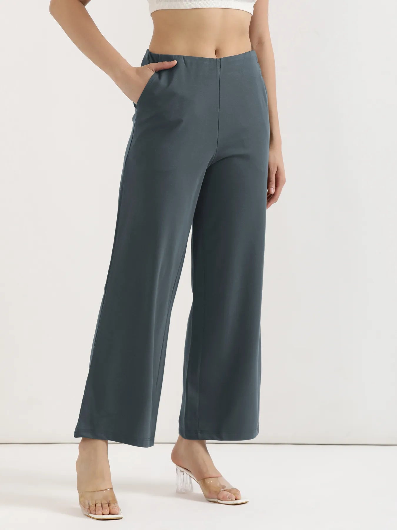 Women Cement Grey Wide Leg Pants