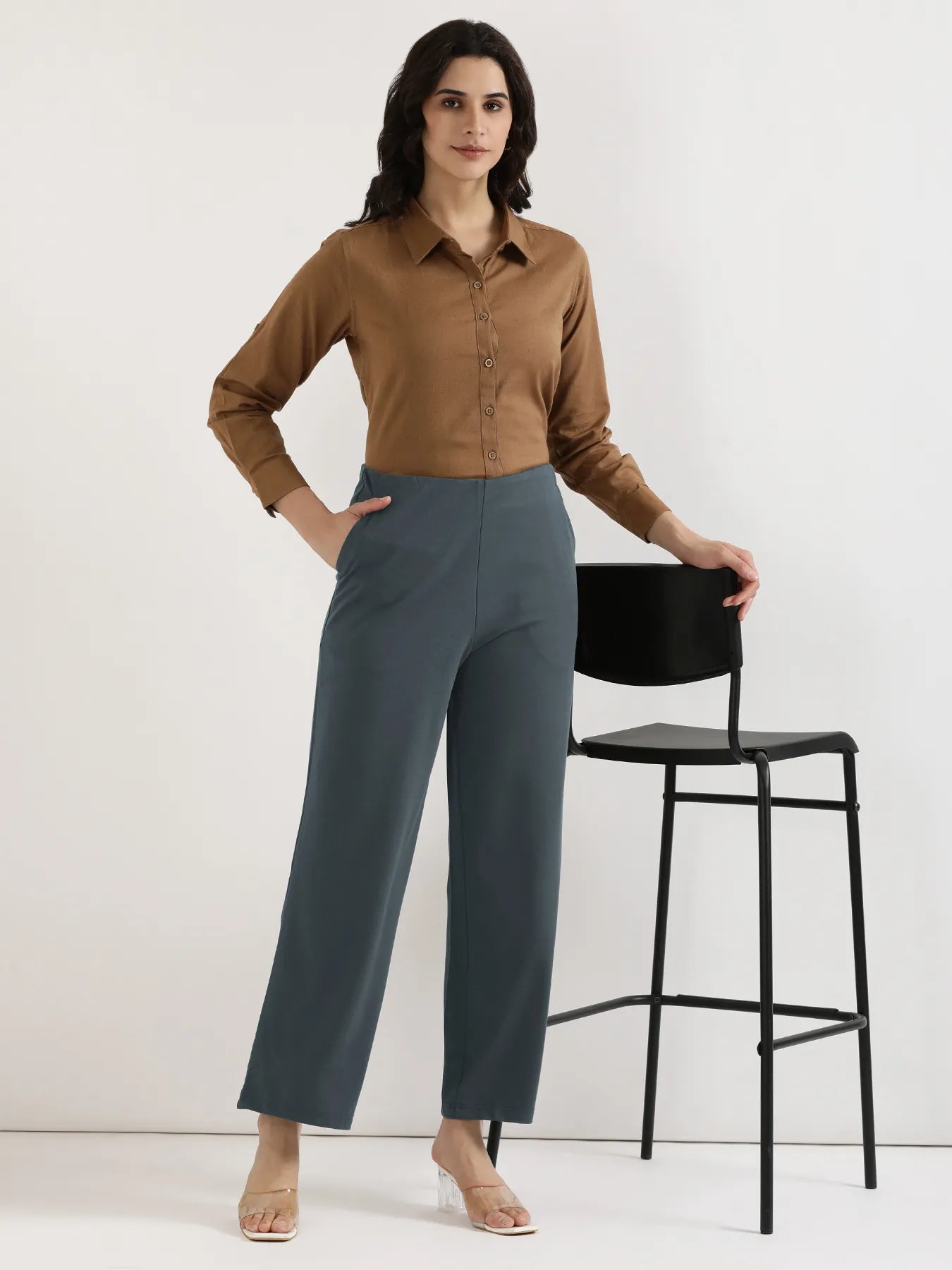 Women Cement Grey Wide Leg Pants