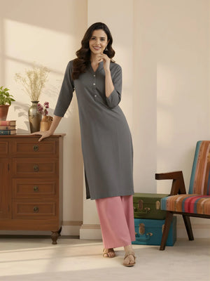 Women Slate Grey Airy Linen Long Kurta & Rose Viscose Palazzo Pant Set