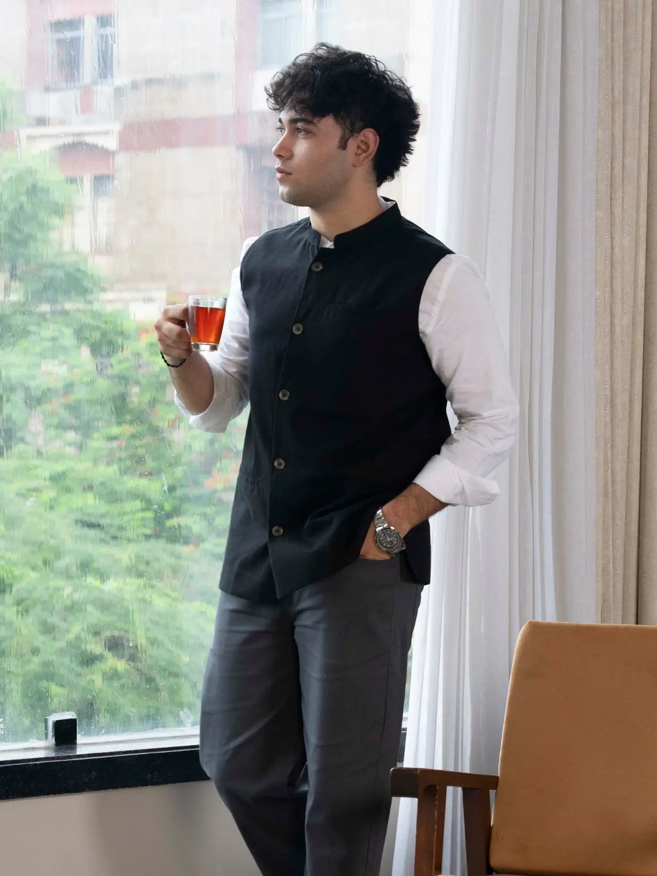 Men Black Airy Linen Nehru Jacket