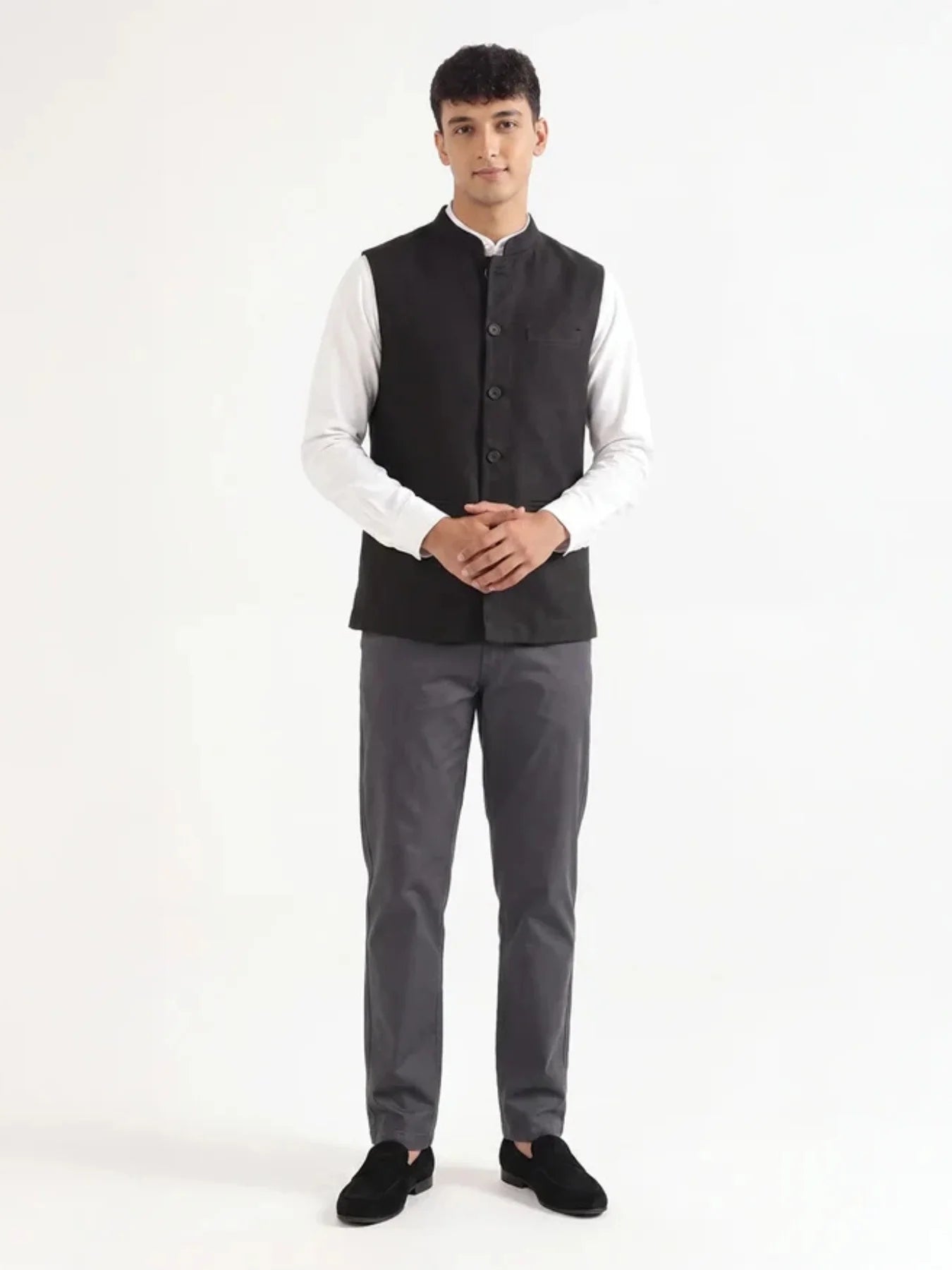 Men Black Airy Linen Nehru Jacket