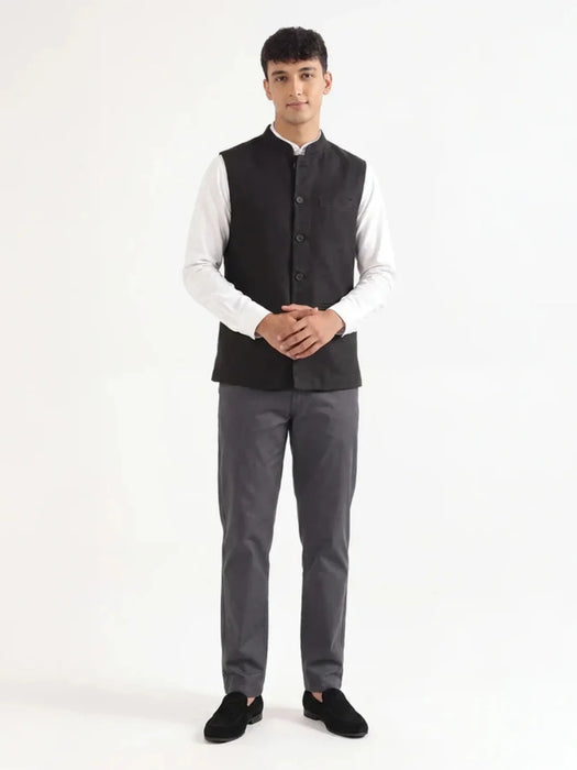 Men Black Airy Linen Nehru Jacket