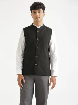 Men Black Airy Linen Nehru Jacket