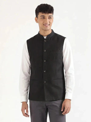 Men Black Airy Linen Nehru Jacket