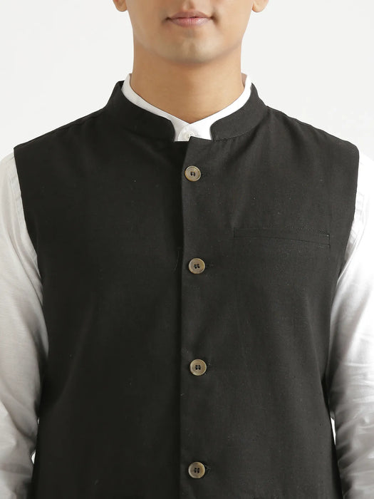 Men Black Airy Linen Nehru Jacket