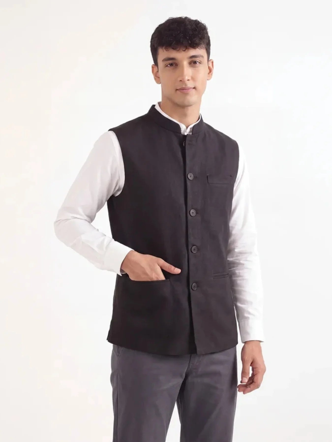 Men Black Airy Linen Nehru Jacket
