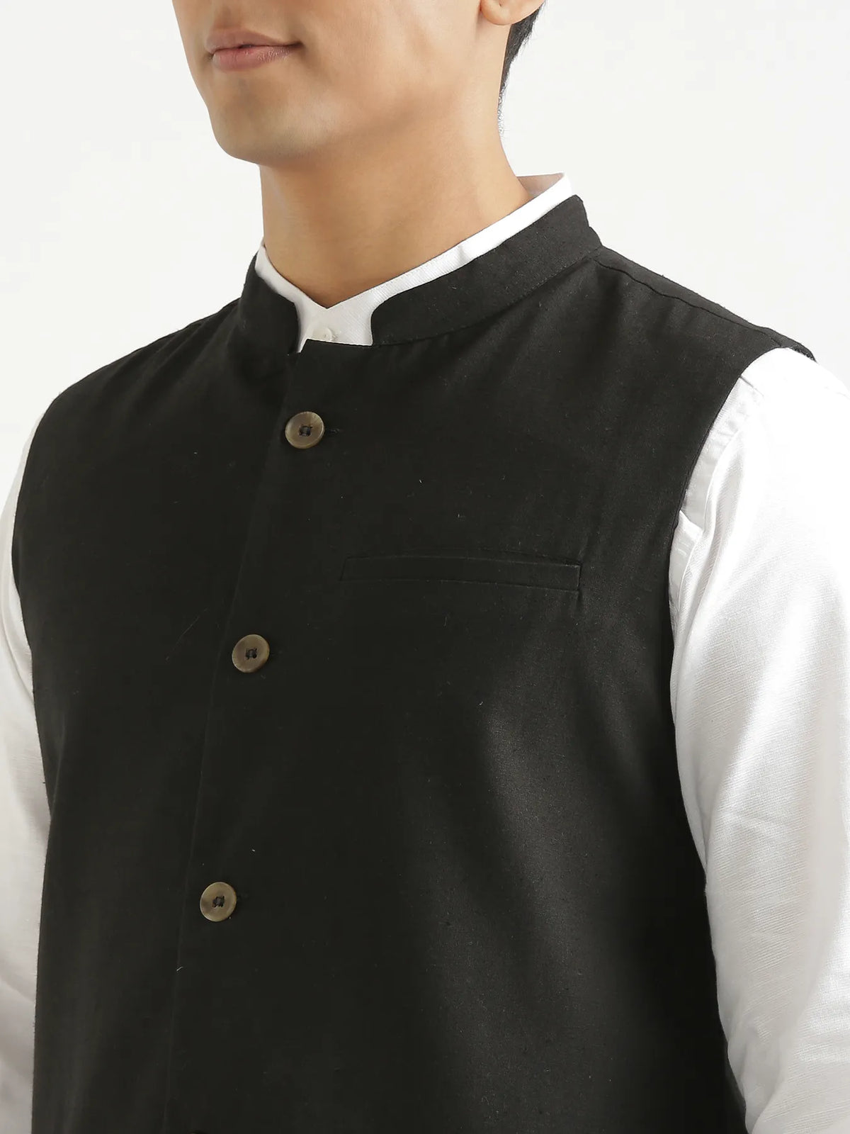 Men Black Airy Linen Nehru Jacket