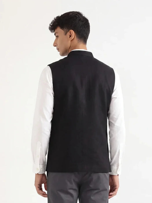 Men Black Airy Linen Nehru Jacket