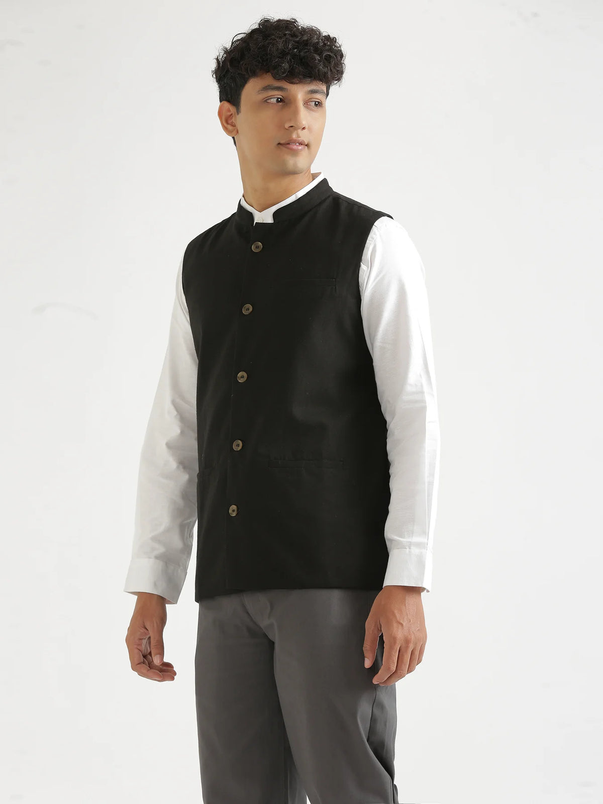 Men Black Airy Linen Nehru Jacket