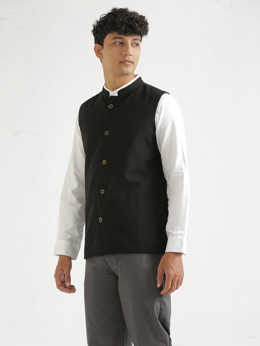 Men Black Airy Linen Nehru Jacket
