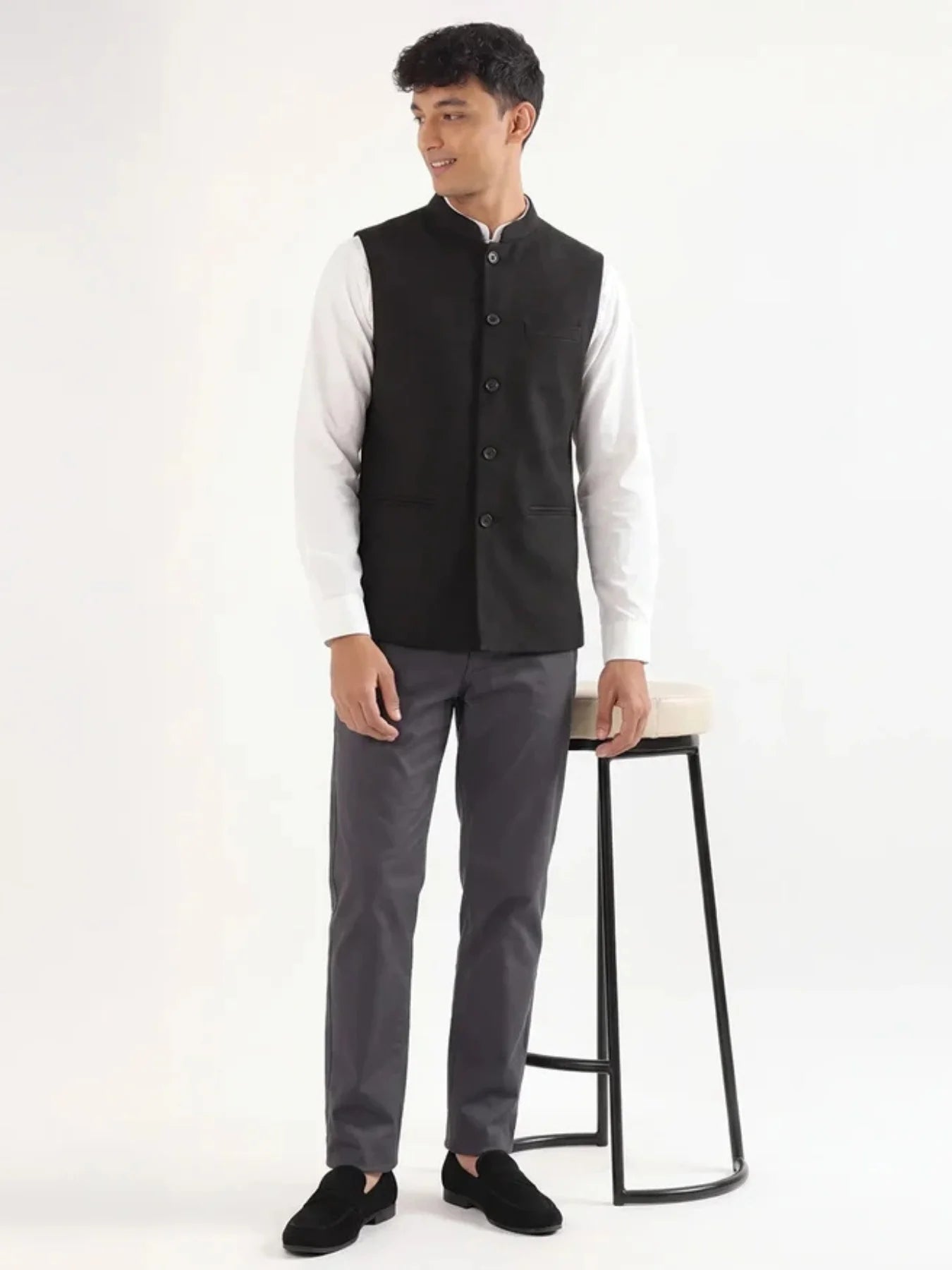 Men Black Airy Linen Nehru Jacket