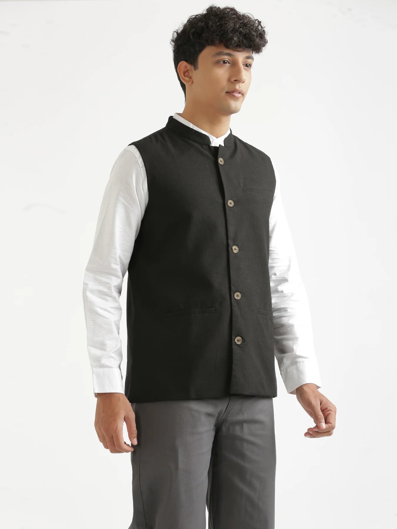 Men Black Airy Linen Nehru Jacket