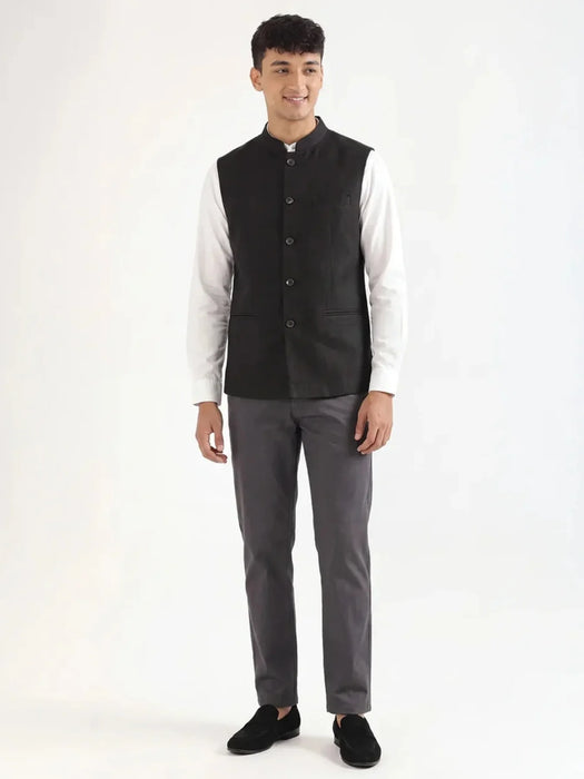 Men Black Airy Linen Nehru Jacket