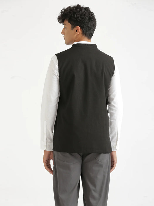 Men Black Airy Linen Nehru Jacket