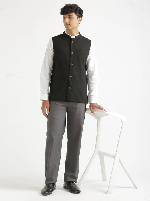 Men Black Airy Linen Nehru Jacket