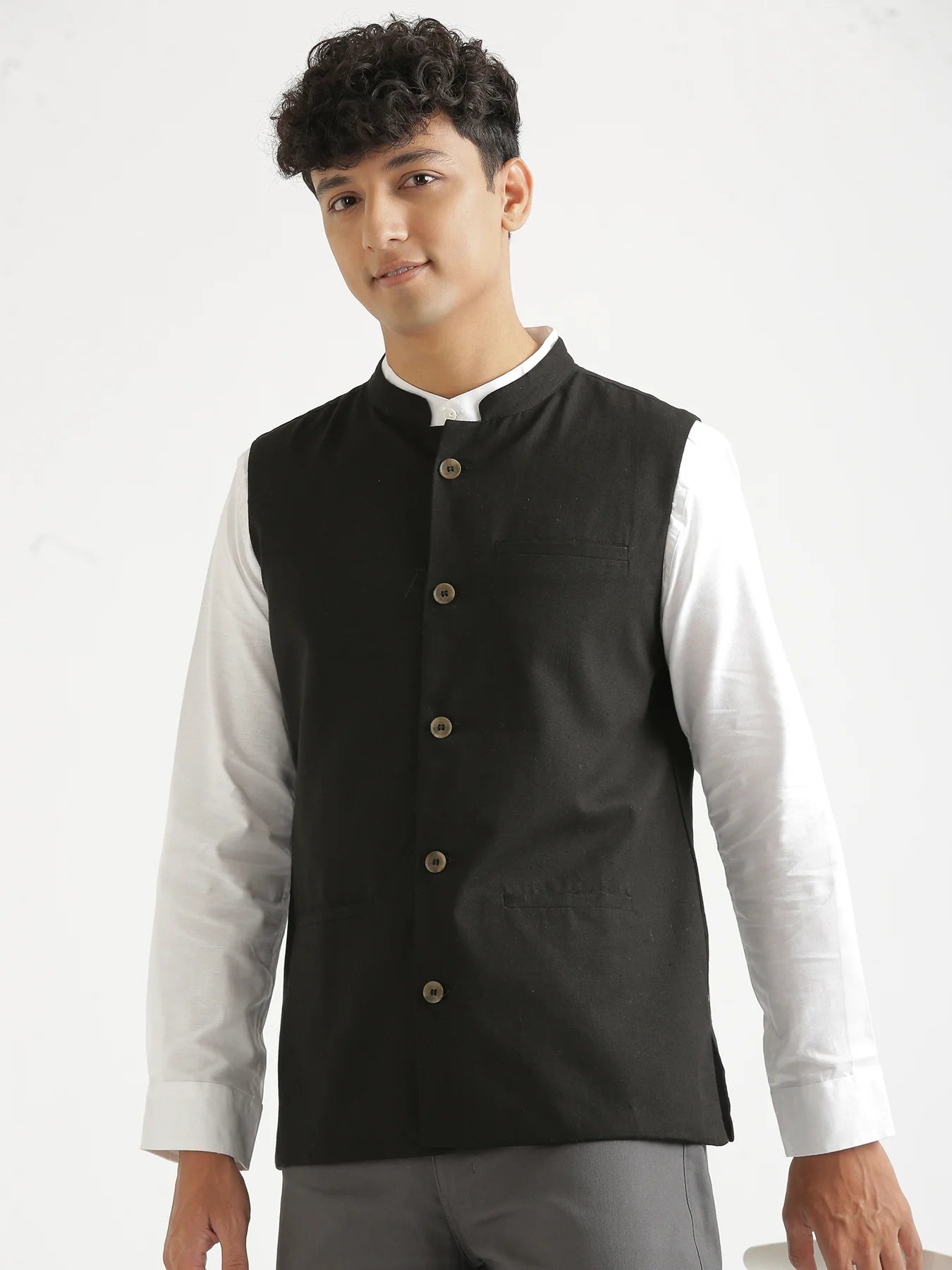 Men Black Airy Linen Nehru Jacket