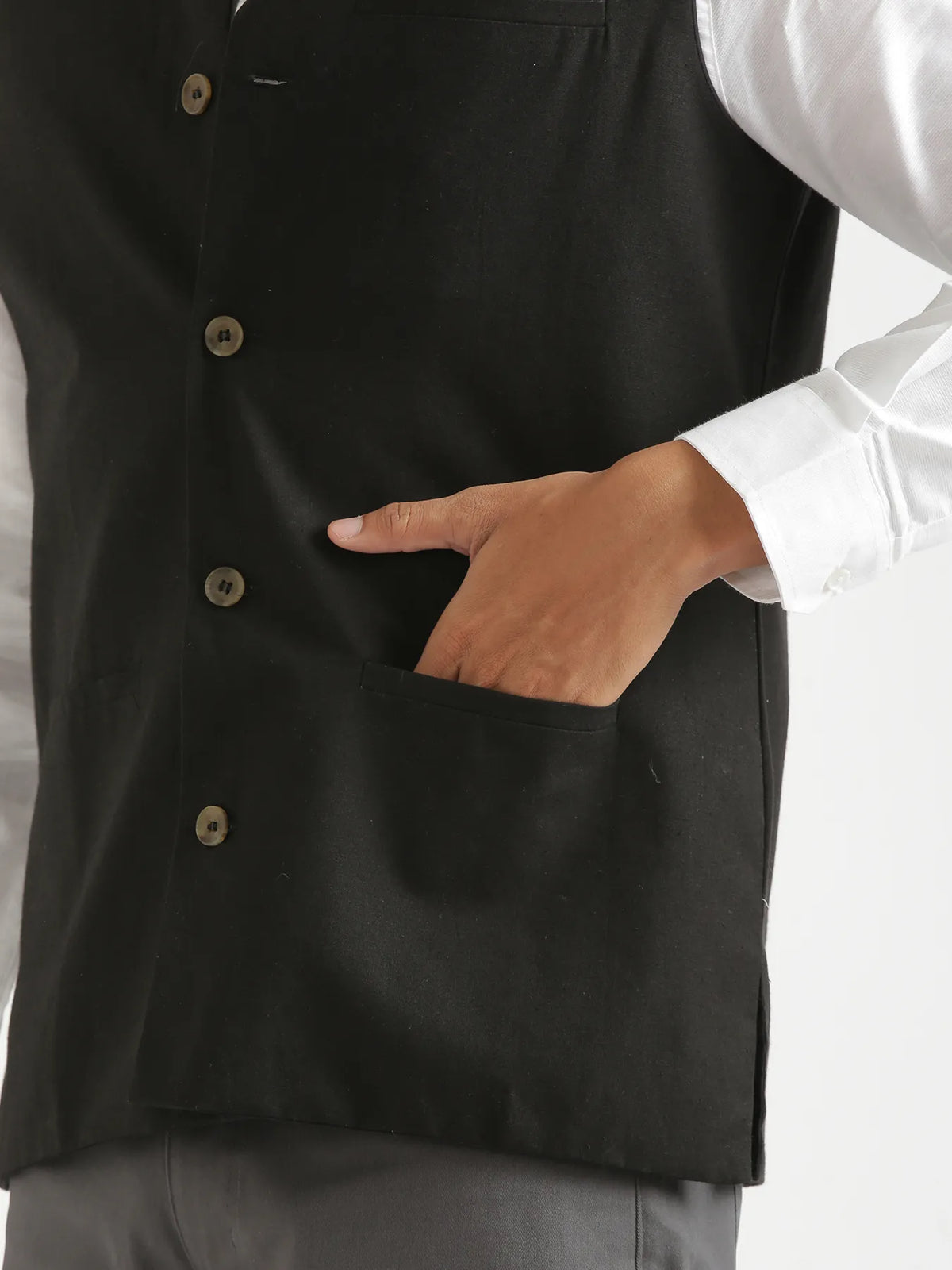 Men Black Airy Linen Nehru Jacket