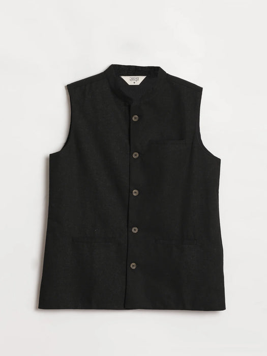 Men Black Airy Linen Nehru Jacket