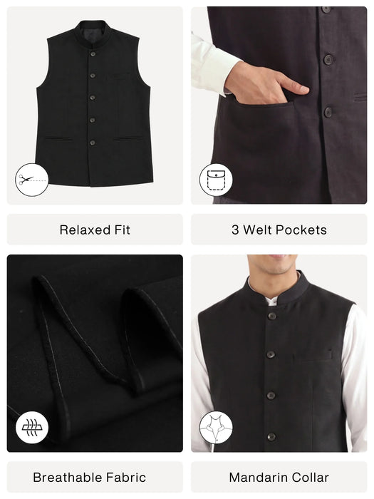 Men Black Airy Linen Nehru Jacket
