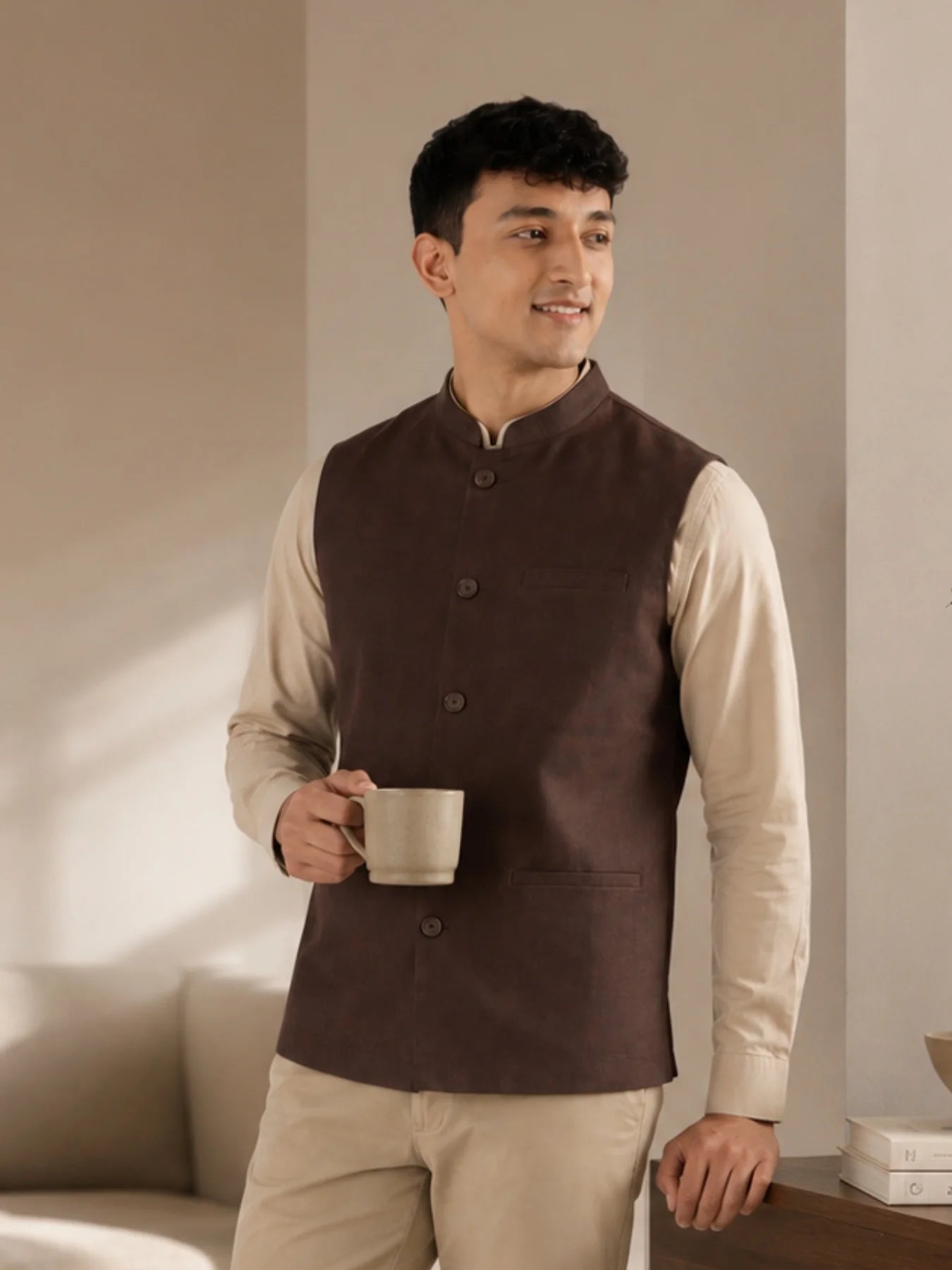 Men Dark Brown Airy Linen Nehru Jacket