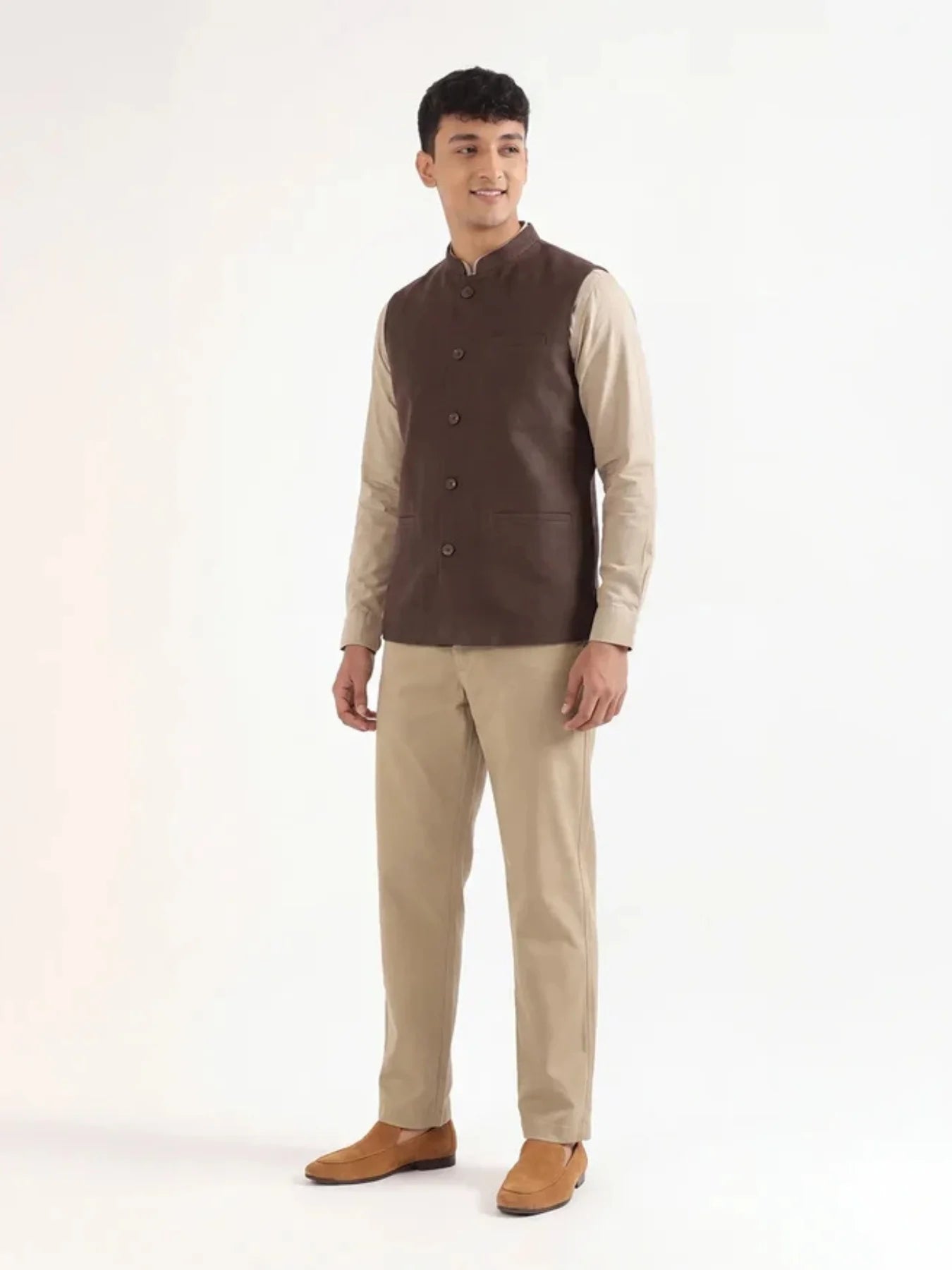 Men Dark Brown Airy Linen Nehru Jacket