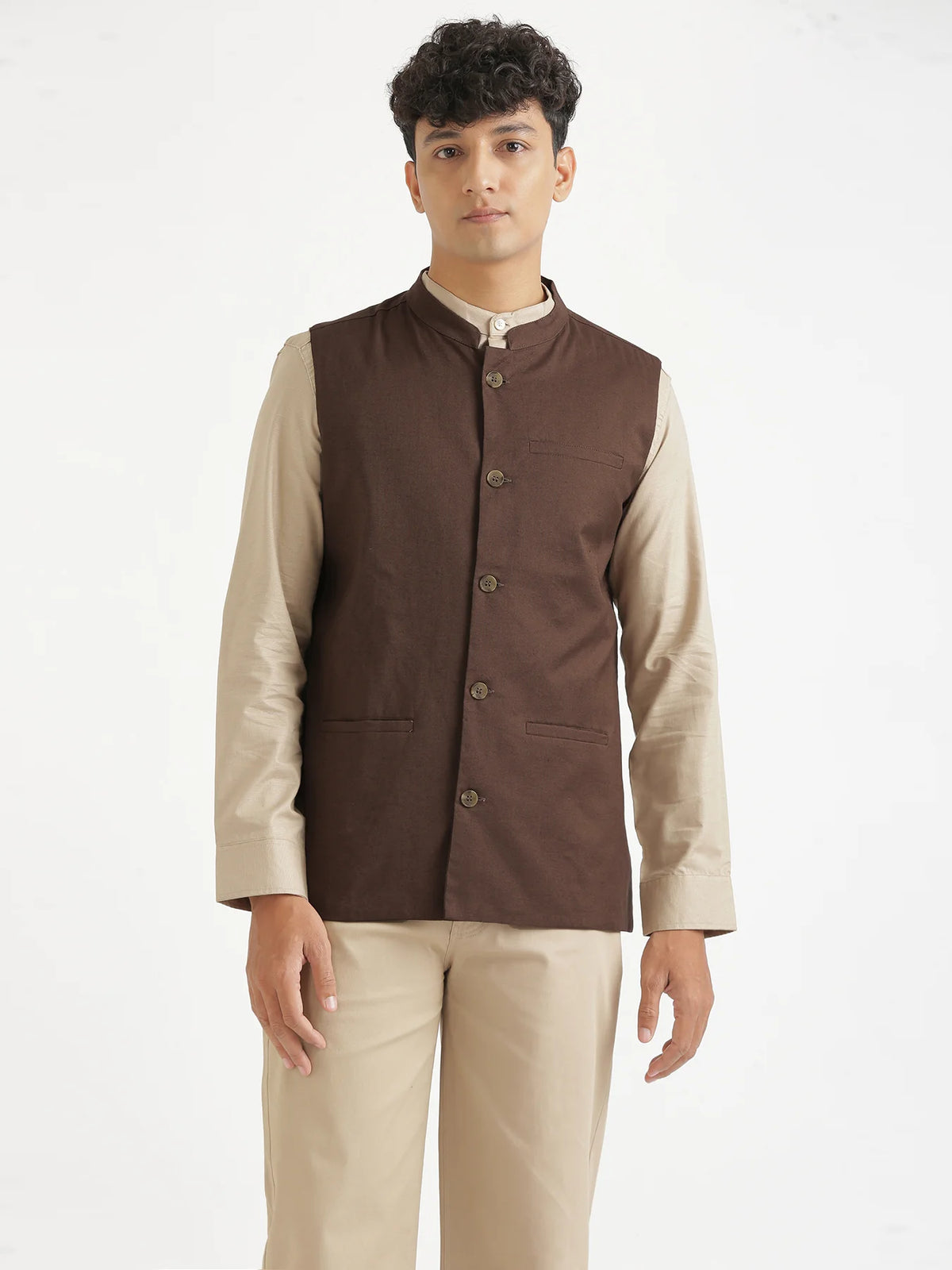 Men Dark Brown Airy Linen Nehru Jacket