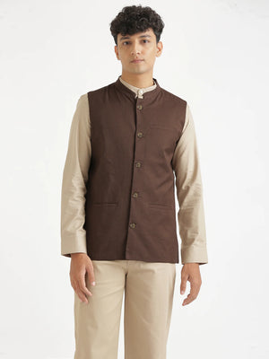 Men Dark Brown Airy Linen Nehru Jacket
