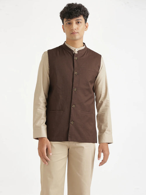 Men Dark Brown Airy Linen Nehru Jacket