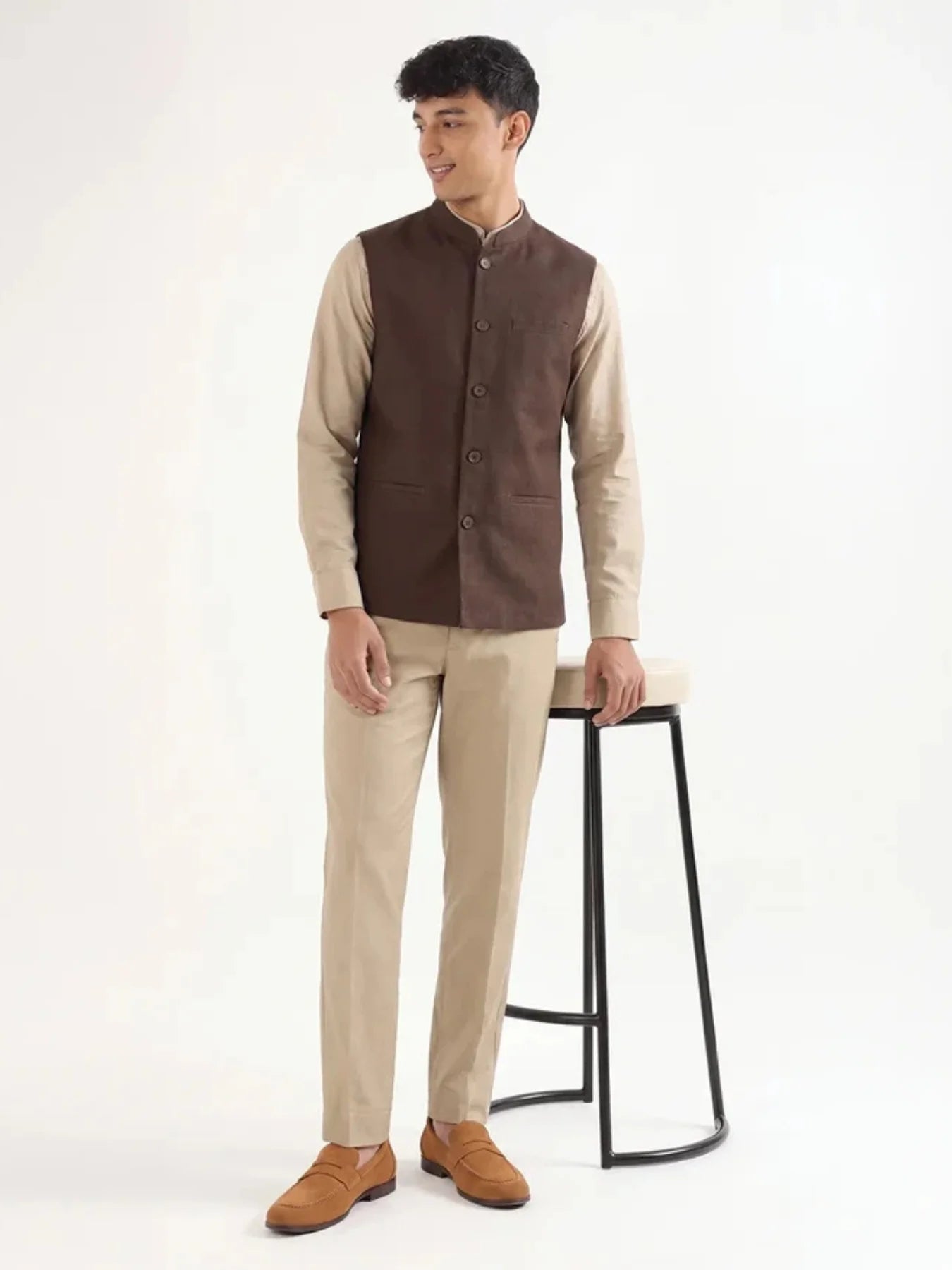 Men Dark Brown Airy Linen Nehru Jacket